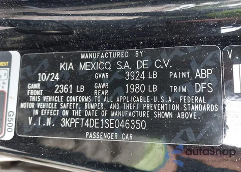 2025 Kia K4 Lxs z USA, uszkodzony, nr VIN 3KPFT4DE1SE046350